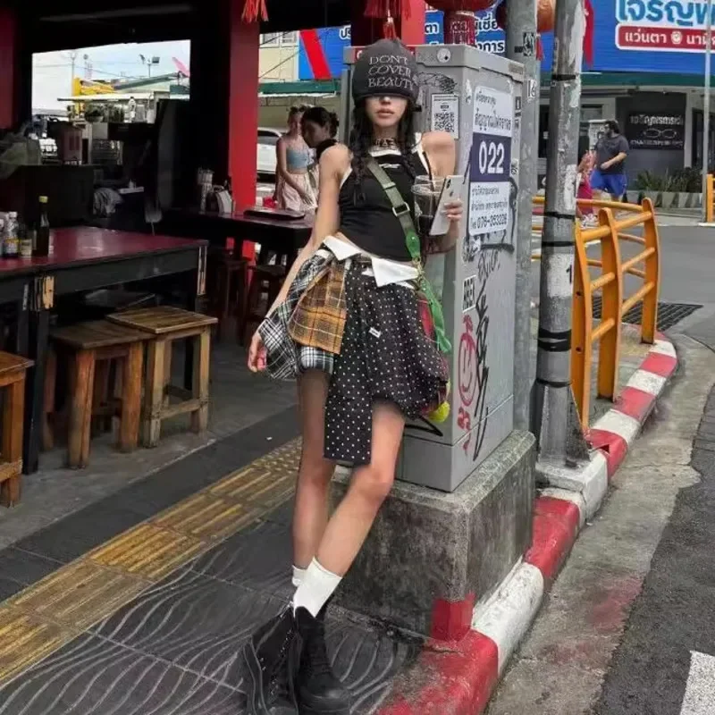 Falda corta de rayas a cuadros para mujer, vestido de corte en A con botones, flores en contraste, Y2K, Japón, Corea, verano 2024