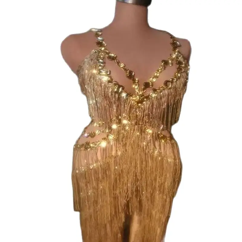 

Gold Sequins Fringes Rhinestones Transparent Jumpsuit Evening Birthday Celebrate Costume Dancer Singer Outfit