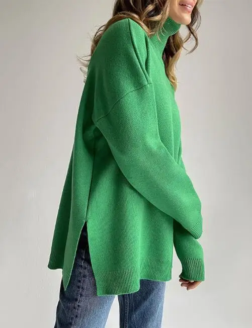 

2025 High Neck Sweater for Women In Autumn and Winter 2025, New Casual Sweater with Loose Slit and Solid Color Knit Sweater