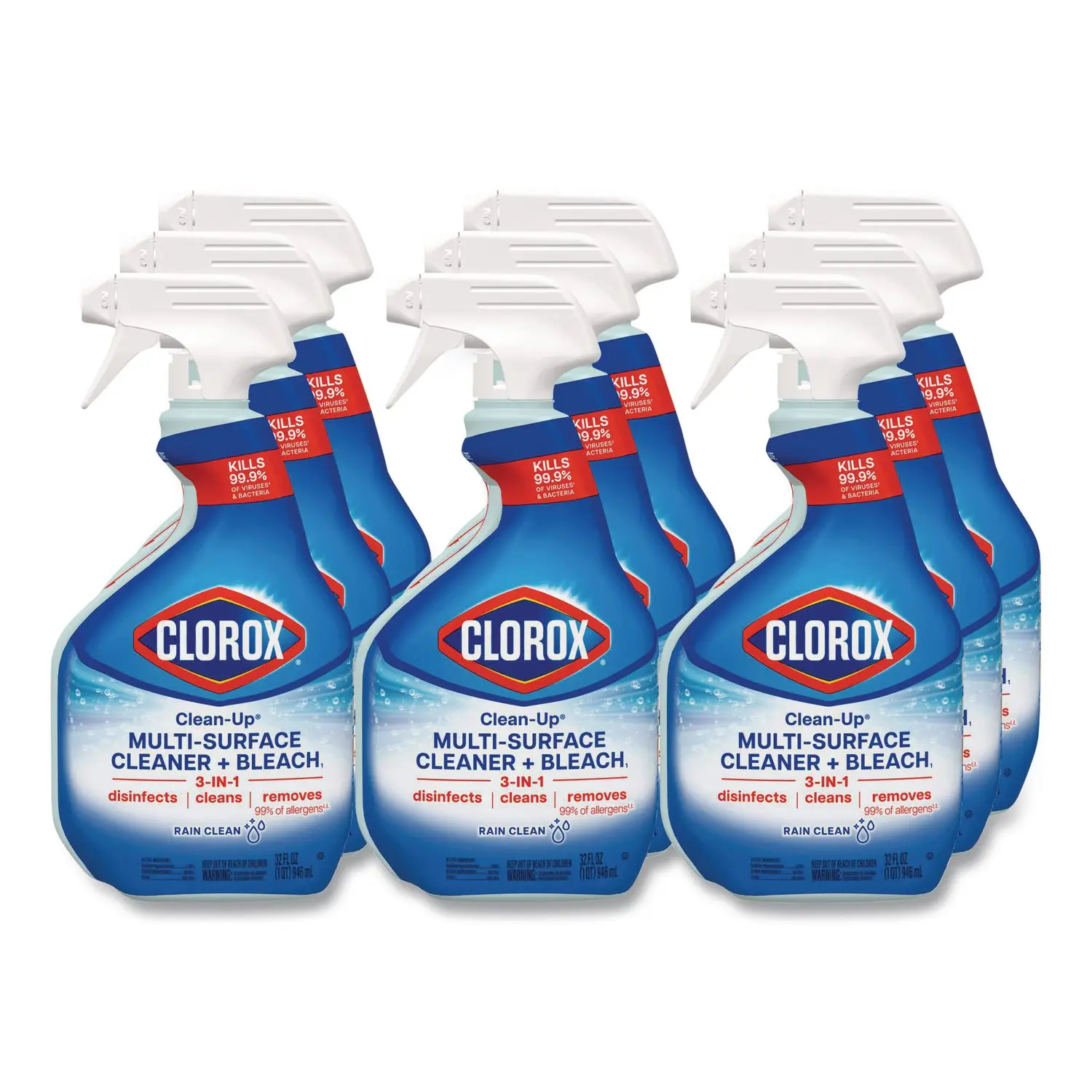 

Clorox Clean-Up Multi-Surface Cleaners with Bleach, 32 oz Spray Bottles, Rain Clean Scent, 9 Bottles per Case, Sold as 1 Case