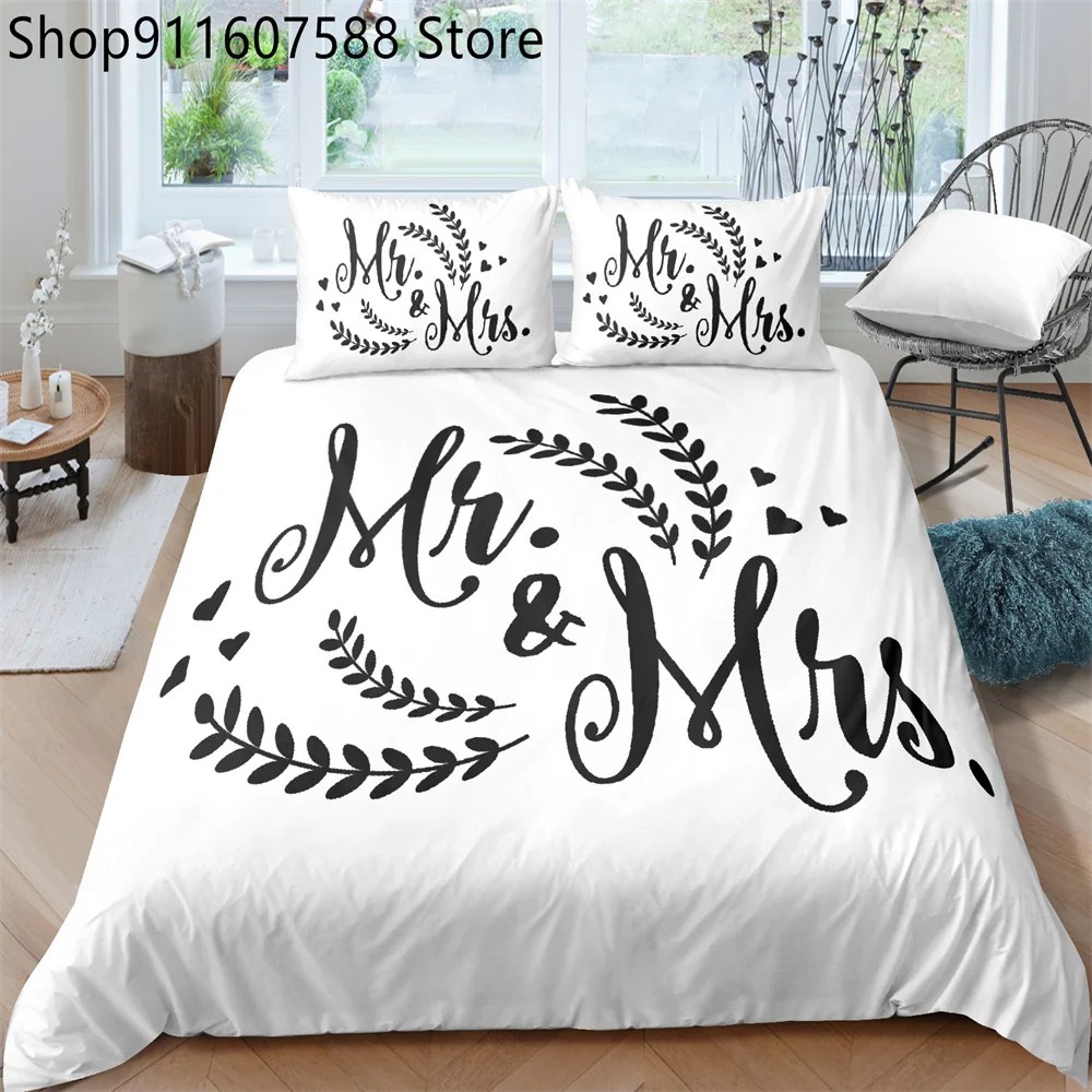 Mr and Mrs Duvet Cover Set Queen King Size Red Lips Couple Romantic Theme Comforter Cover for Lover Microfiber Bedding Set