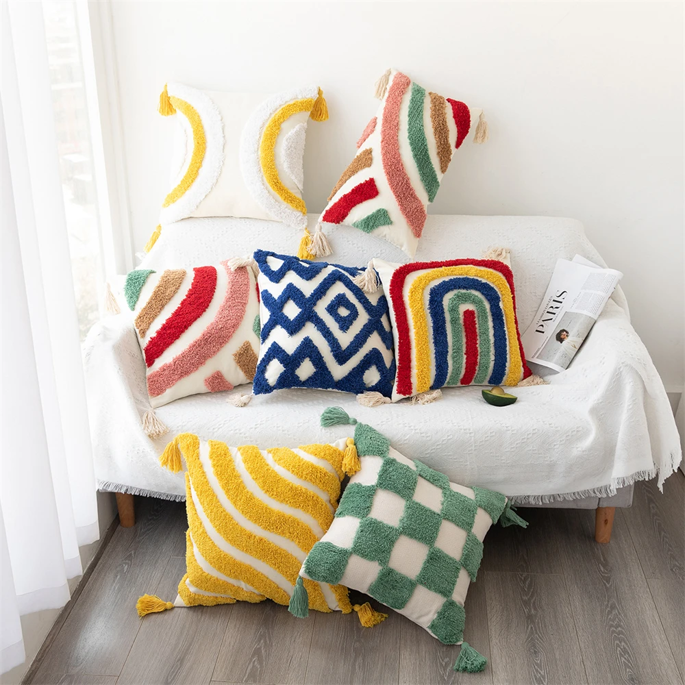 

Tufted Rainbow Plid Tassel Pillowcase Soft Cozy Tufting Sofa Cushion Cover Room Deocr Hand-woven BohemiaThrow Pillowcover