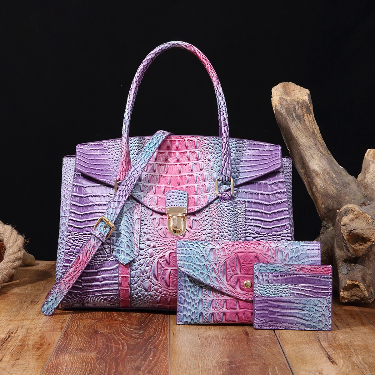 Fashionable, Minimalist, Avant-Garde Iridescent Crocodile Embossed Leather Set - High-End Luxury Handbag, Stylish Envelope Clutc