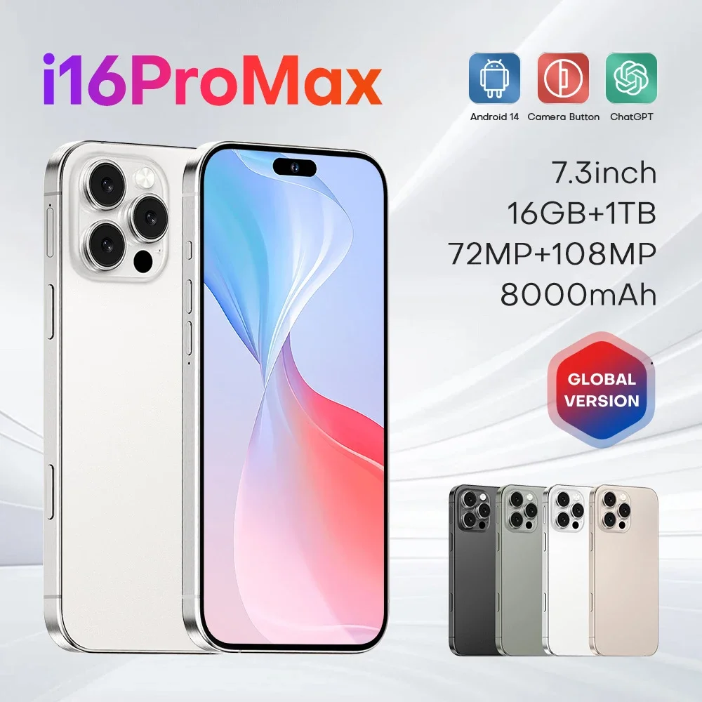 Global Version i16 Pro Max Android Smartphone Original 5G 7.3 Inch HD Screen 108MP Camera 8000mAh Dual SIM Unlock Phone Ten Core