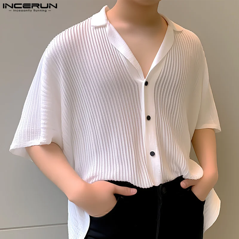 2024 Men Shirt Lapel Short Sleeve Button Streetwear Summer Casual Men Clothing Korean Style Striped Solid Shirts S-5XL INCERUN