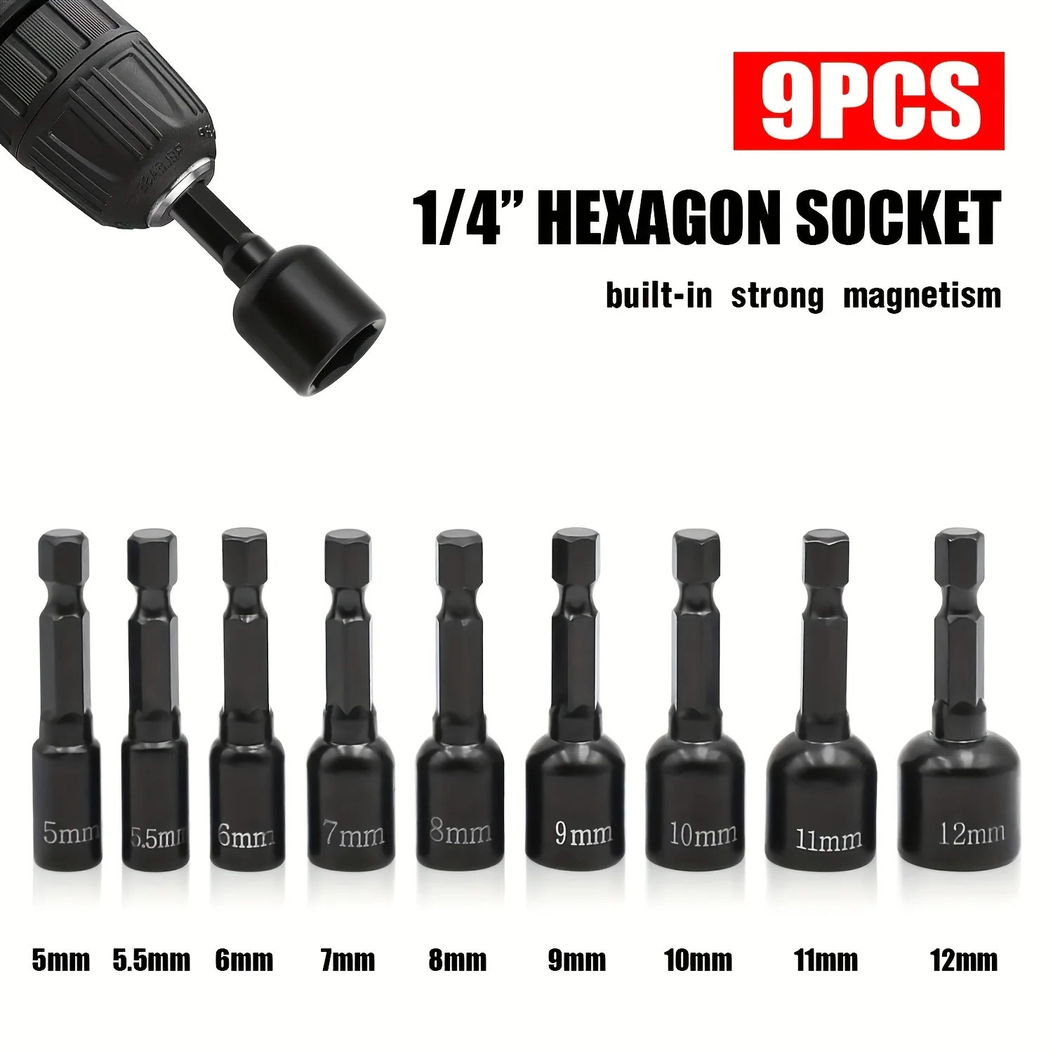 9Pcs Metric Nut Driver Bit Set, 1/4" Hex Shank Socket Driver Set for Impact Driver & Electric Screwdriver - view 5