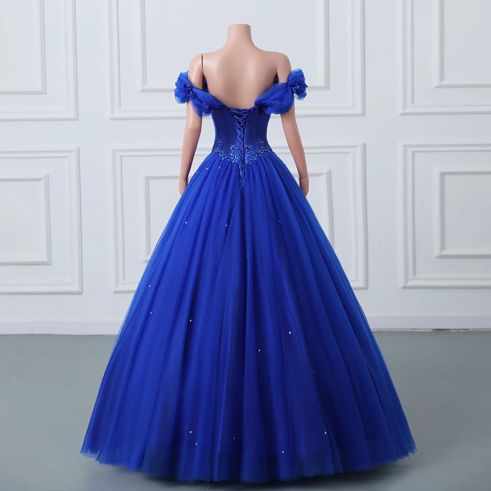 Luxury Crystal Beaded Evening Dresses Royal Blue Tulle Appliques Off Shoulder Formal Party Prom Ball Gowns Lace Up Custom Made