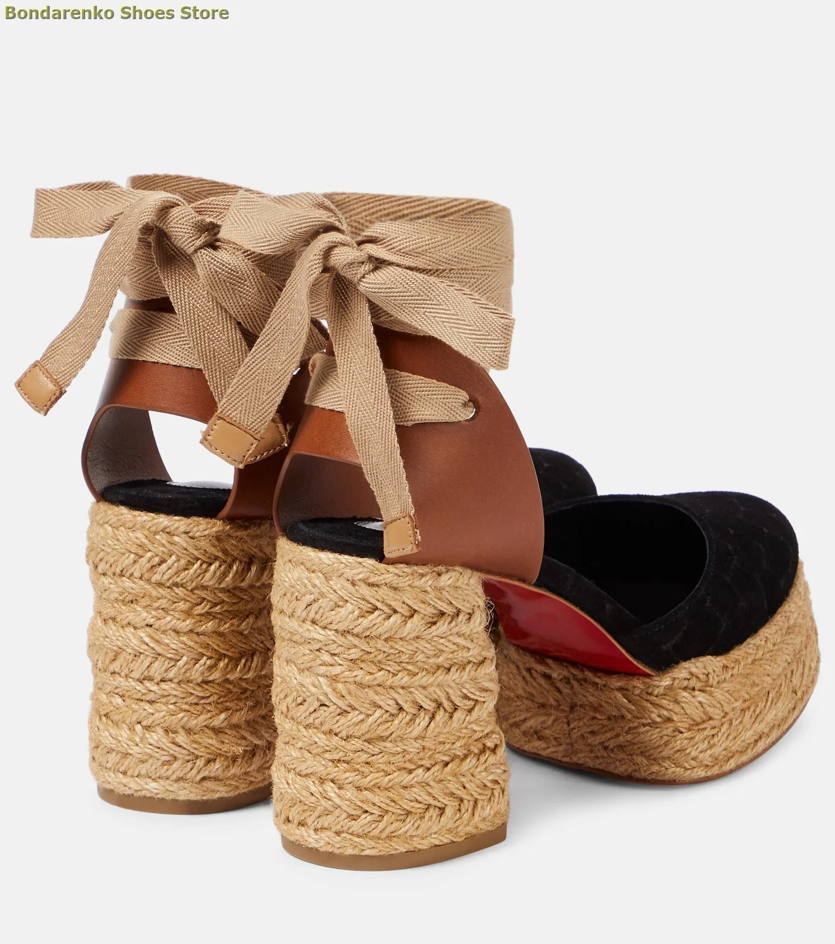 

Straw Weaving Platform Block High Heel Sandals Lace Up Black Suede Fashion 2026 Summer Women Dress Shoes Ankle Strap Handmade