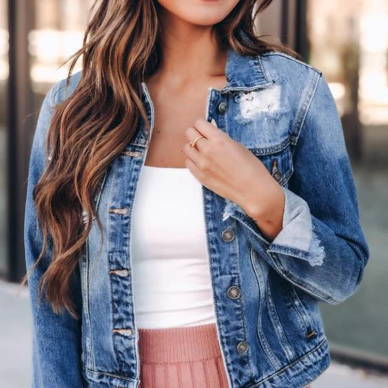 

Женская короткая модная повседневная куртка с длинными рукавами и отложным воротником в уличном стиле новинка осень-зима 2023 джинсовая куртка на пуговицах для женщин