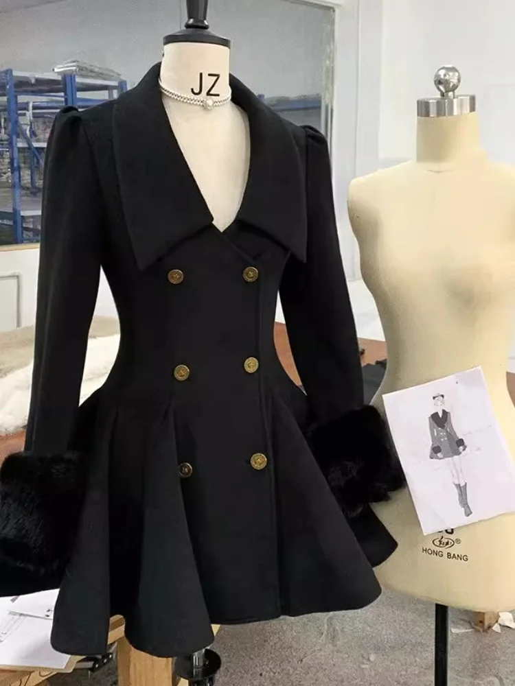 

Французские черные зимние шерстяные пальто с меховым воротником Хепберн, женские дизайнерские винтажные смешанные тонкие верхняя одежда в стиле ретро, элегантные теплые наряды в стиле Харадзюку