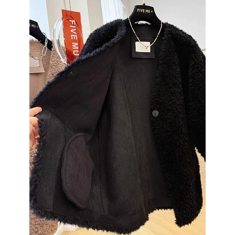Thicken Warmful Black V-neck Fuzzy Jacket Women Woolen Autumn Winter Lamb Outerwears Casual Loose Long Coat