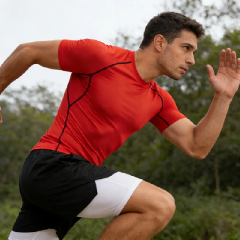 

Мужской компрессионный спортивный комплект для фитнеса - быстросохнущие обтягивающие шорты с коротким рукавом, двухслойные шорты, летний комплект для фитнеса и бега ﻿