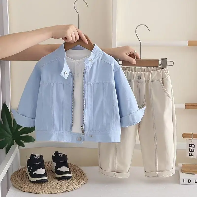 Children Korean Autumn Spring Stand Up Collars Zipper Jacket+Long Sleeve T-Shirt+Pants 3pcs Baby Boys Girls Casual Sport Set