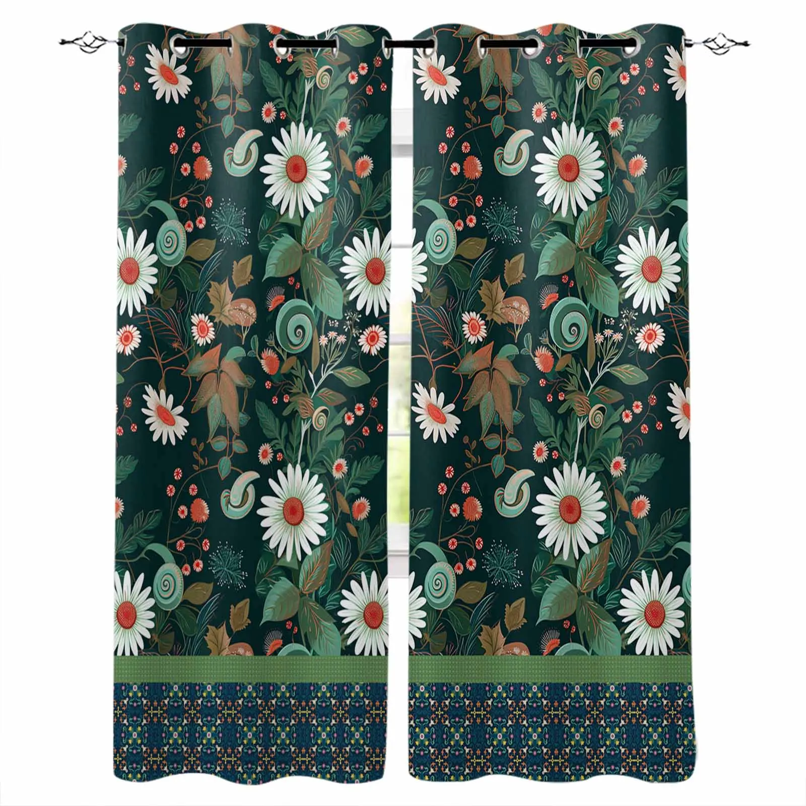 

Green Flower Plant Retro Window Curtains for Living Room Kitchen Curtain Bedroom Decorative Window Treatments
