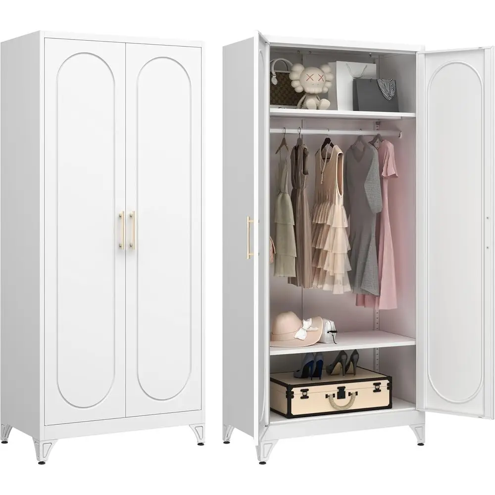 71 Tall Metal Wardrobe Closet with Hanging Rod and Adjustable Shelves, White Steel Storage Cabinet for Bedroom, Bathroom, Office