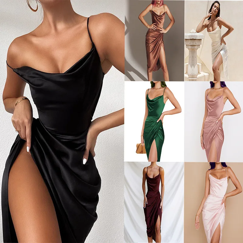 

Europe and America Dresses Slim Sexy Suspenders Split Skirt Sexy High Split Irregular Satin Solid color Gowns Women Clothing