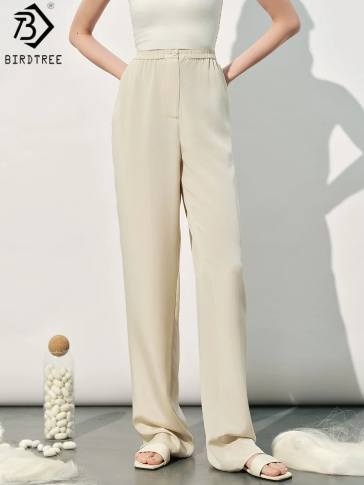 Birdtree, 22MM 90% Real Silk 10% Spandex Pants, Women's Heavy Crepe Straight Trousers, Elastic Waist, 2026 Spring New P63017JF