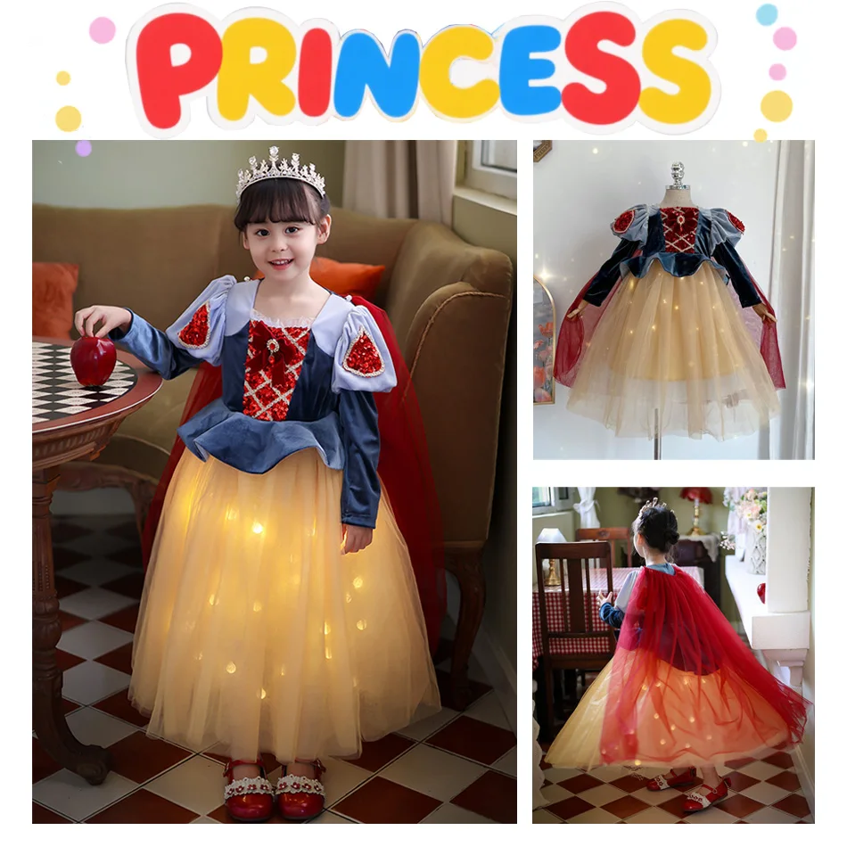 

New Girl Snow White Dress Autumn and Winter Baby Disney Birthday High-end Fluffy Gown Kids Halloween Glowing Mesh Dress
