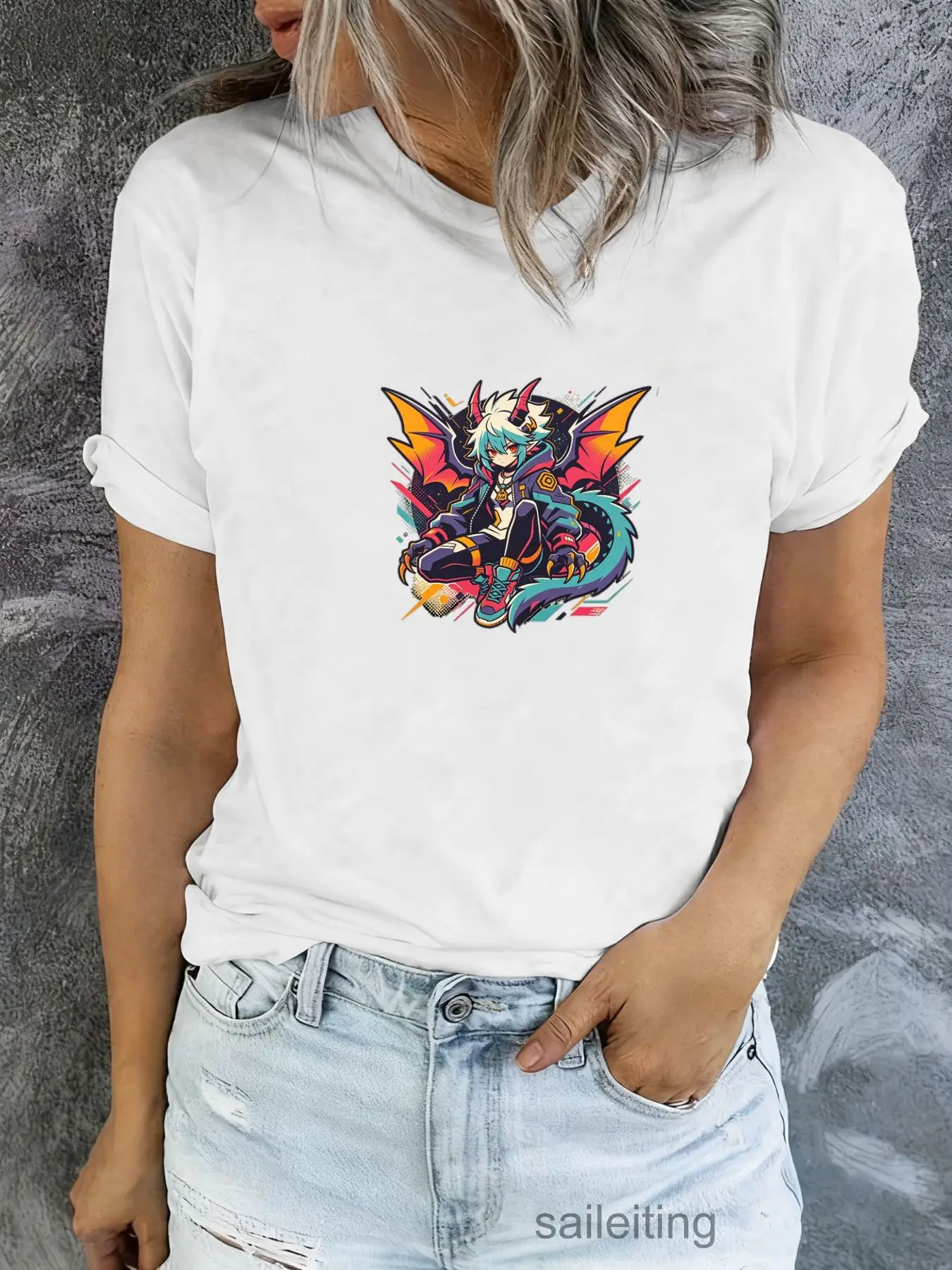 Anime Dragon Girl T-Shirt Women Men Short Sleeve Graphic Tee Vibrant Fantasy Art Print Casual Summer Top Fashion Streetwear G