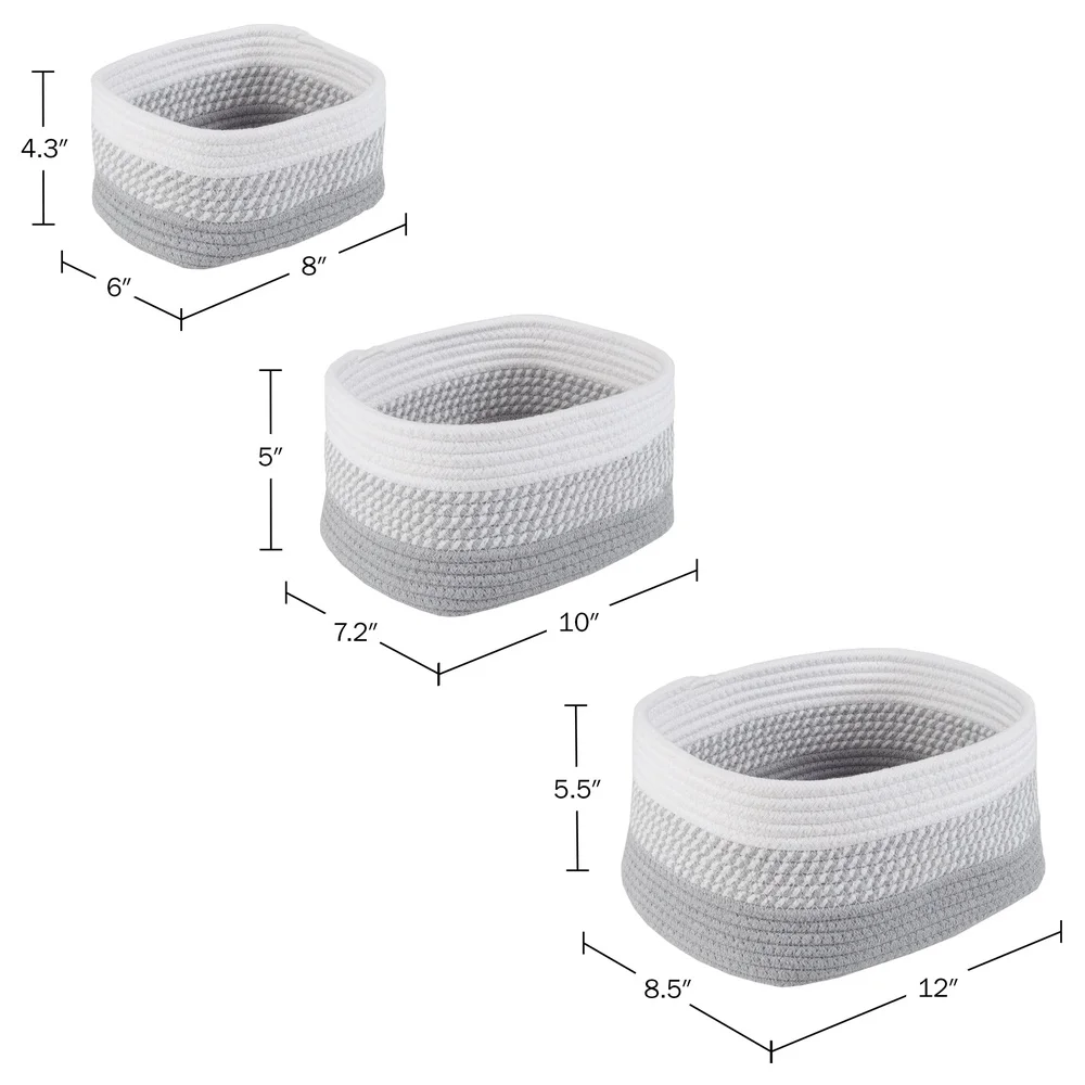 Set of 3 Woven Cotton Rope Storage Baskets Nursery Office Closet Organization Durable Foldable Bins Machine Washable Modern