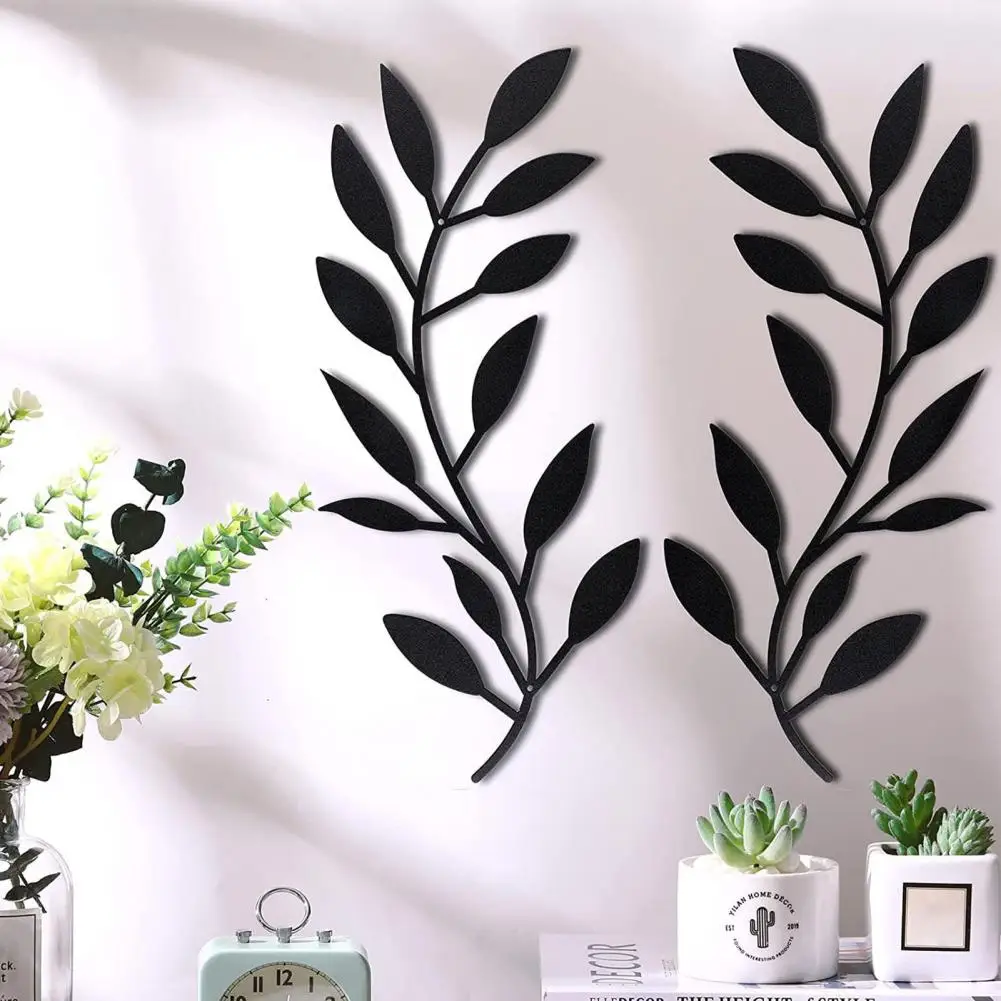 2Pcs/Set Leaf Wall Decor Symmetrical Black Wrought Iron Scroll Sculpture Metal Olive Branch Tree Leaves Wall Art Above The Bed