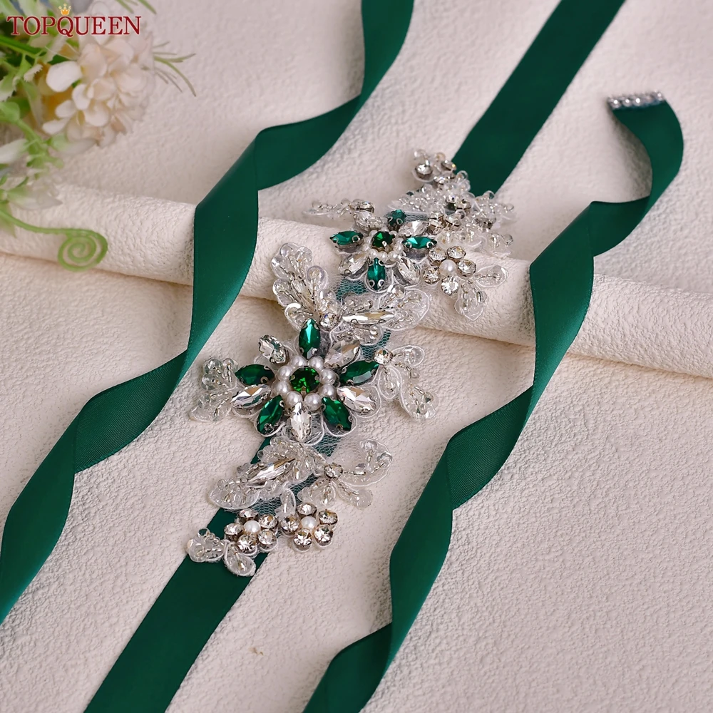 TOPQUEEN Ladies Crystal Belt Hand Sewn Green Diamond Encrusted Sash Bridal Jewelry Belt Prom Dresses Accessories S193-KL