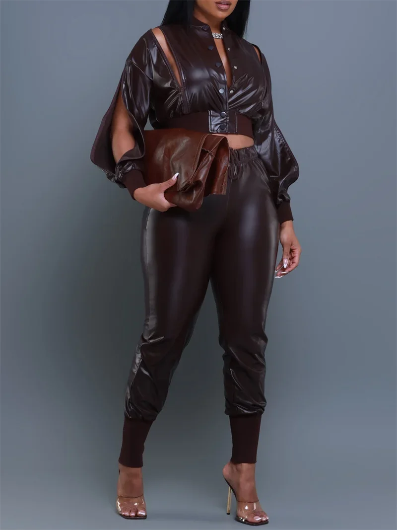 Streetwear PU Kunstleder 2-teiliges Set Damen Outfit Winter Y2K Kleidung Einreiher Reißverschluss Ausschnitt Kurze Jacke Tops und Hosen – Detail 21