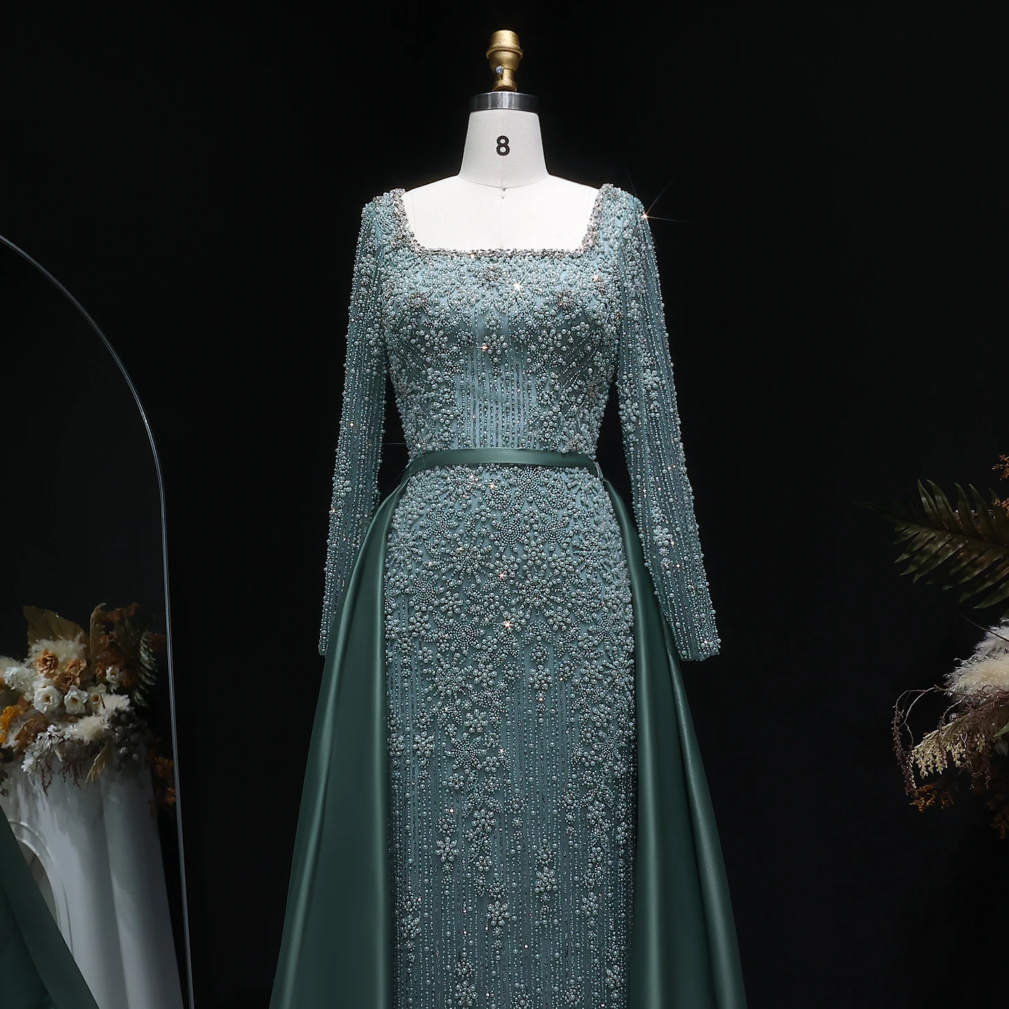 Sharon Said Champagner Meerjungfrauen-Abendkleid mit langen Ärmeln, Überrock, Perlenbesatz, Arabian Nights Ballkleid, formelles Kleid SS119, maßgeschneidert – Detail 6