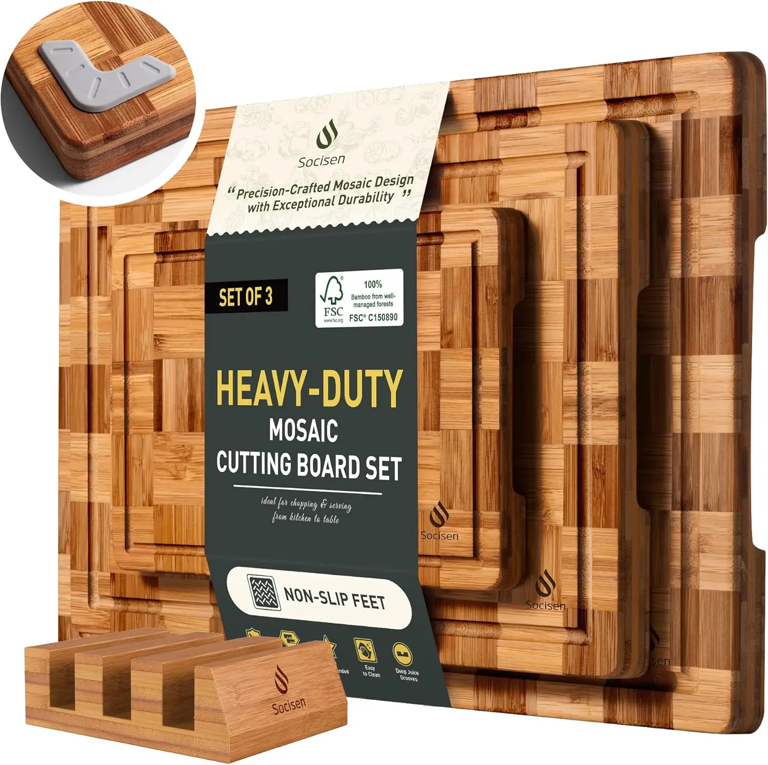 

3-Pack Heavy Duty Bamboo Cutting Board Set, Non-Toxic Wooden Kitchen Boards with Non-Slip Grip and Juice Groove