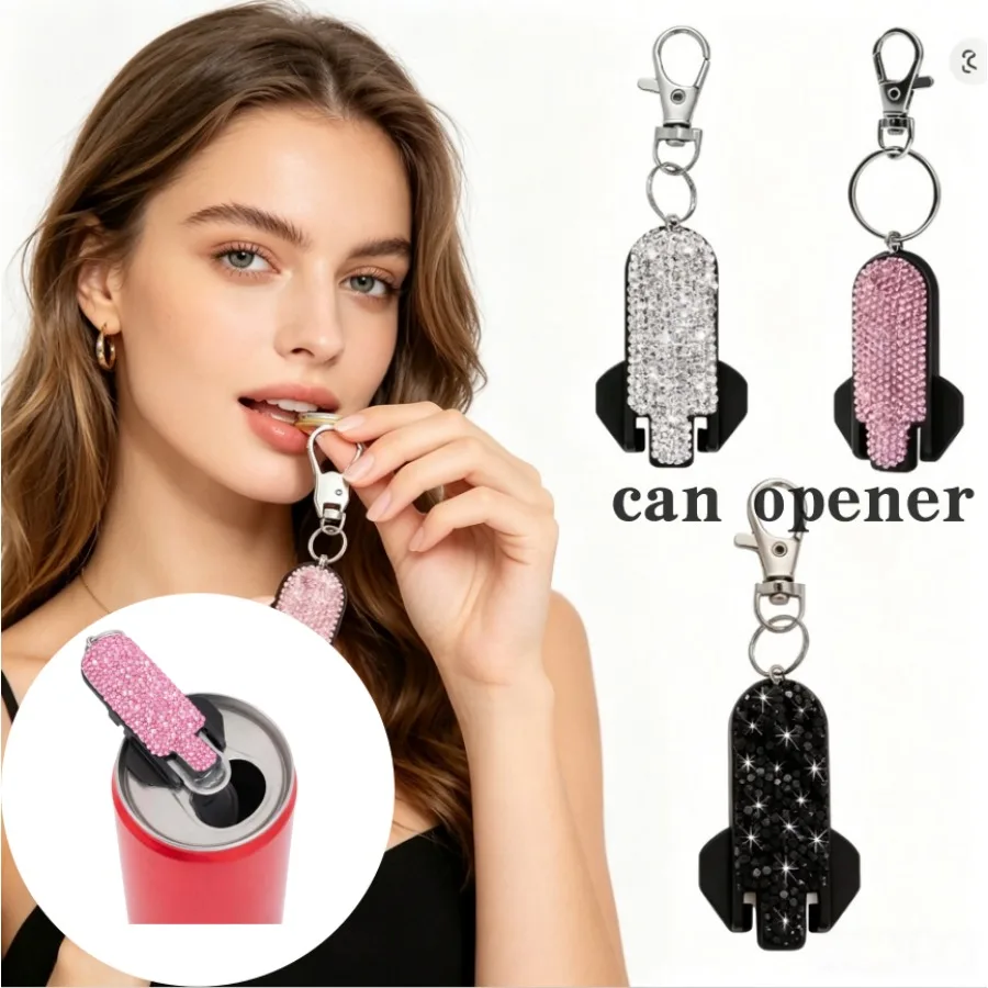 2 in 1 Bottle Opener Keychain Bling Creative Rhinestone Beverage Bottle Opener Tool Small Portable Easy Grip Camping Home Use