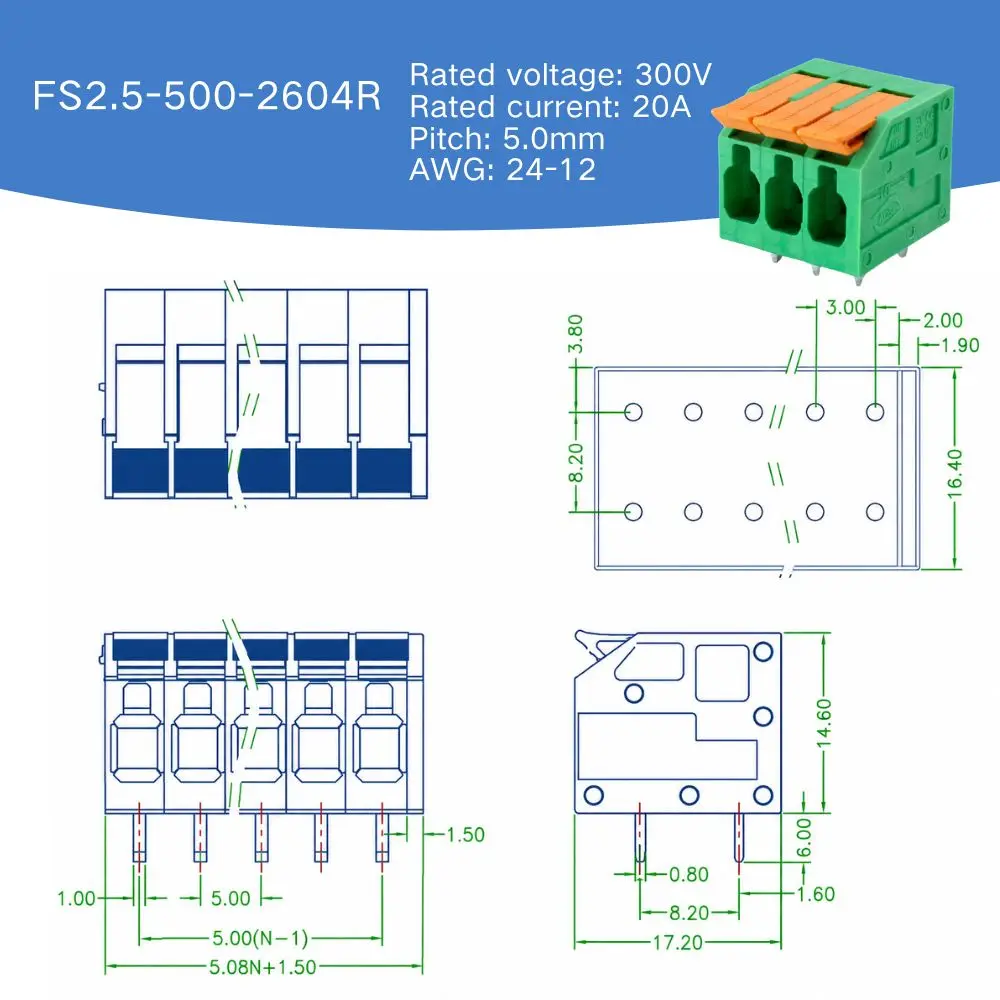 100PIN Green Push In Spring Screwless PCB Terminal Block 5.0mm Pitch 2604-3102 3103 3104 3105... Series Connector
