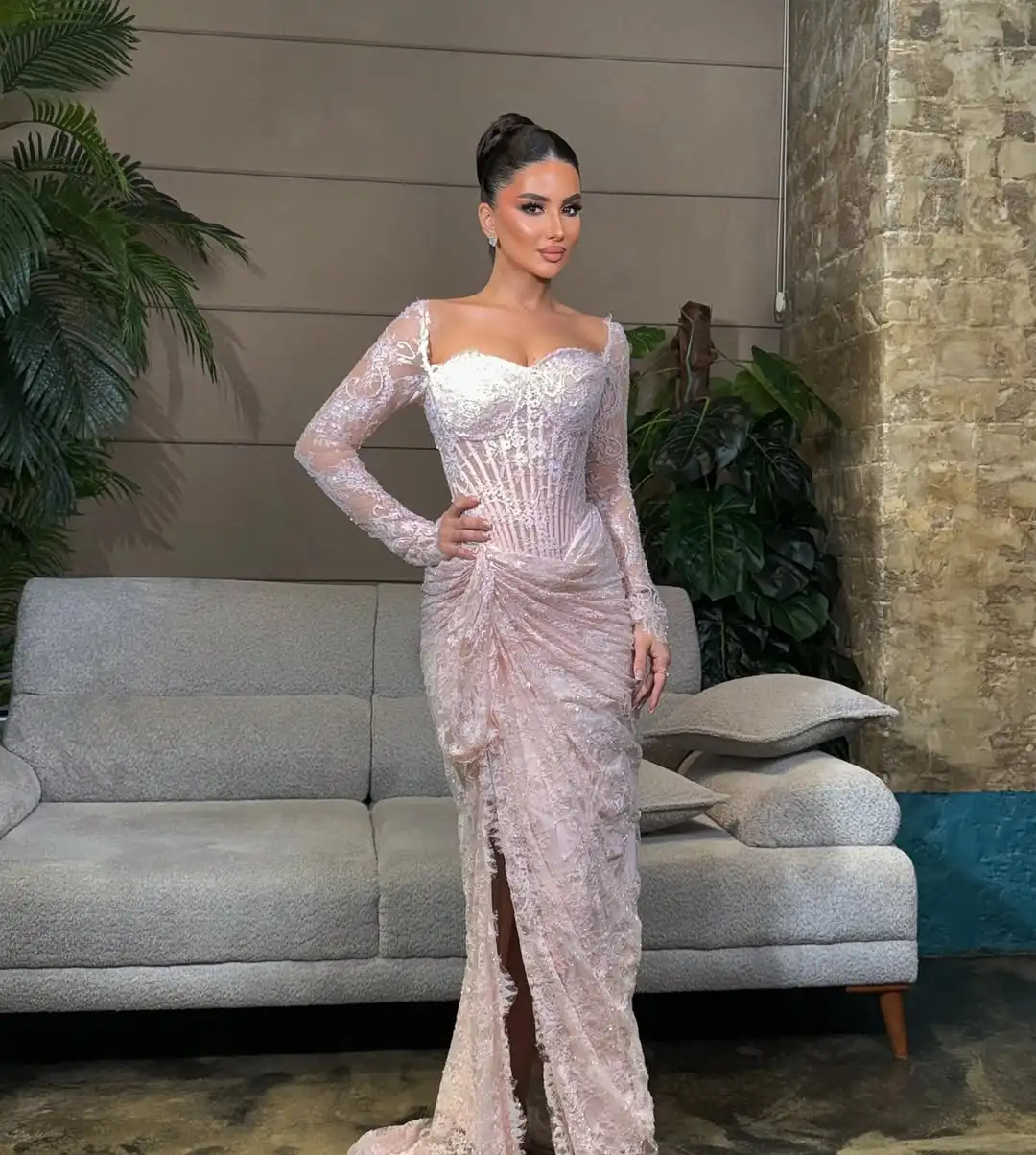 Design Sexy hors de l'épaule arête de poisson Illusion broderie taille plissée fente latérale soirée sirène robe de soirée formelle