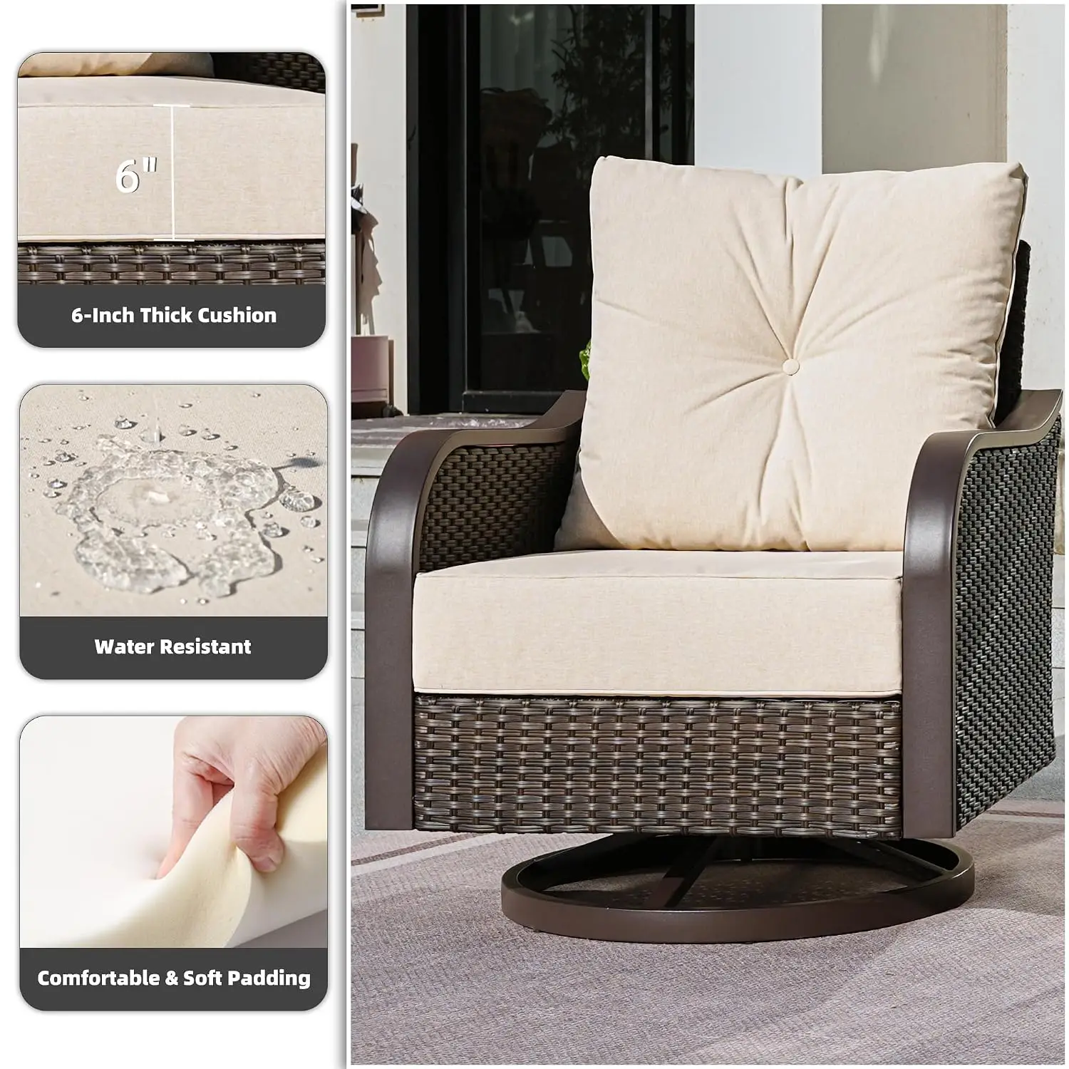 Wicker Swivel Rocking Chair Set with 6 Inch Cushions, Beige, Customized