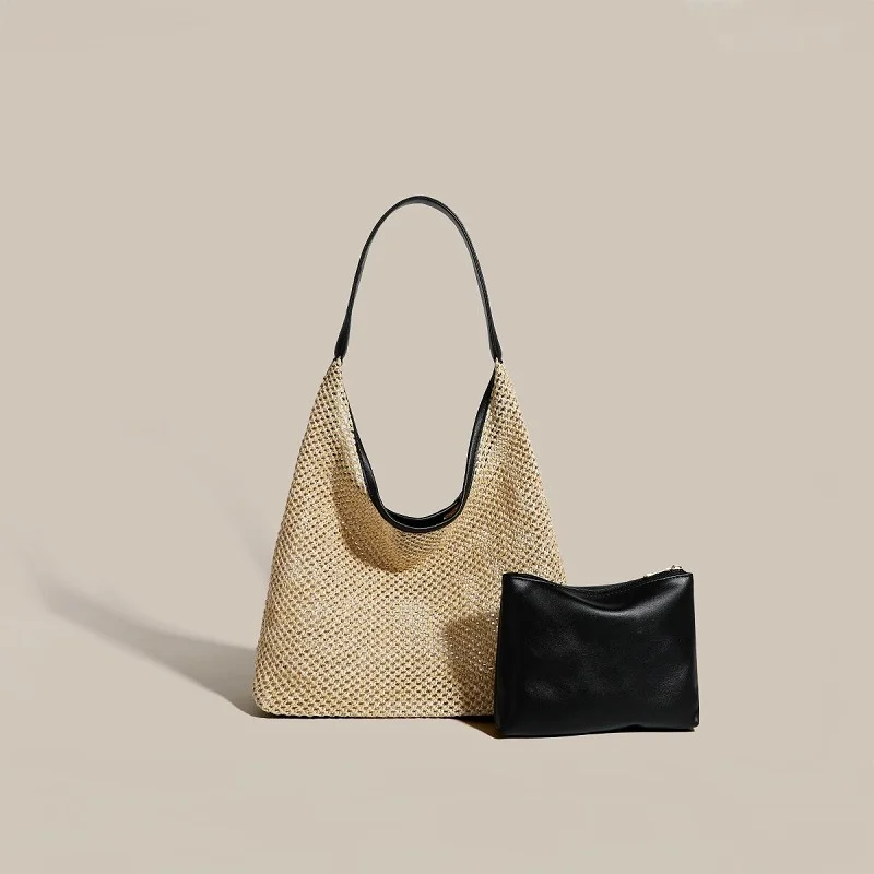 Bolso de hombro de paja con monedero de PU para mujer, bolso de mano informal de gran capacidad para verano, bolso de playa, bolso de viaje elegante