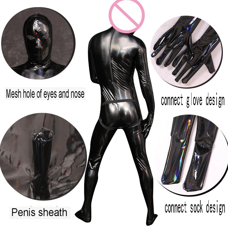 

Cosplay All Inclusive Bodysuit Faux Leather Onesie Dazzle Black Jumpsuits Rear Crotch Invisible Zipper Zentai Catsuit Shapewear