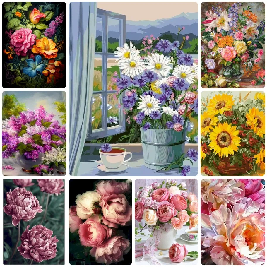 

DIY Floral Still Life Jigsaw Puzzle, Peony Rose Daisy Sunflower Lilac Window Bouquet Vase Flower For Home Wall Decor