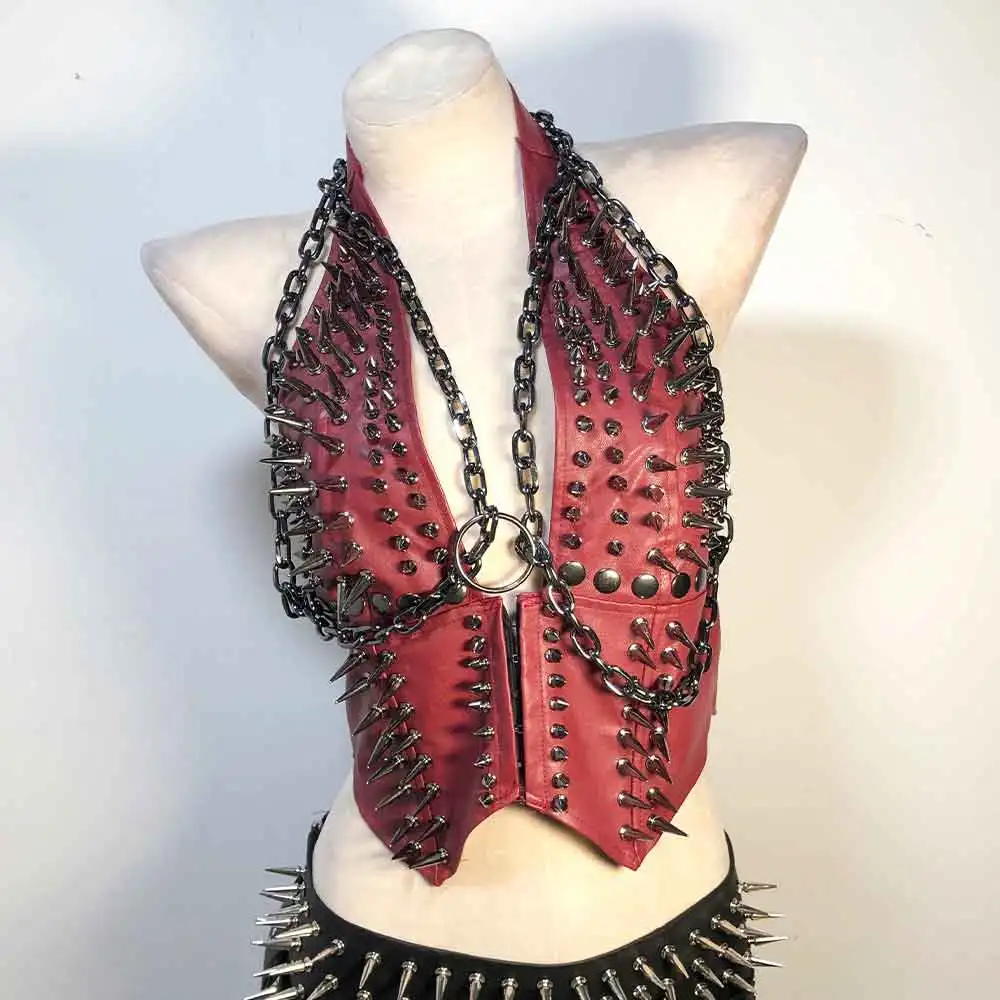 Goth Tops Emo Clothing Punk Rock Clothes PU leather Black Spike Chain Y2K Women's Grunge Rave Eco Festival Gothic Tank Spiked