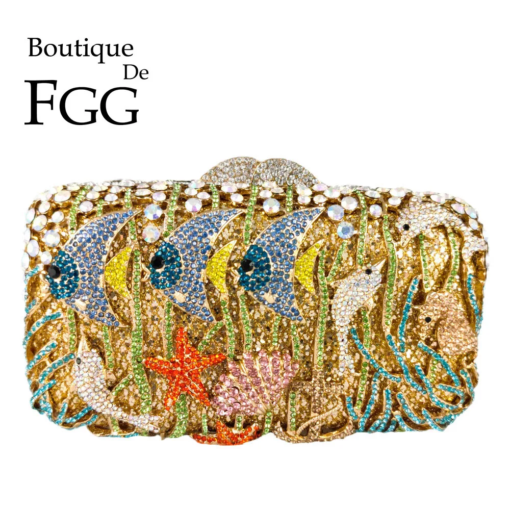 Boutique De FGG Seaworld Damska Kryształowa Kopertówka Wieczorowa Torebka na Przyjęcia, Kolacje, Koktajle, Kopertówka z Cyrkoniami, Torebka na Bal