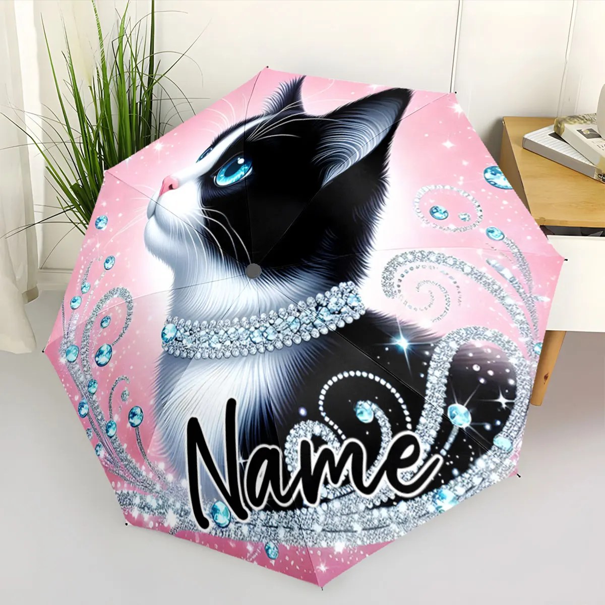 Custom Name Elegant Cat Design Umbrella with Sparkling Details Print 8 Iron Ribs Folding Umbrella Auto-Open Fashion Sunshade