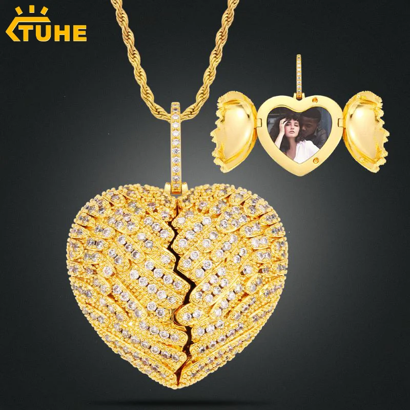 

TUHE Iconic Broken Heart Iced Out Locket Premium Brass Full Paved Zircon For Men Customizable Hip Hop Memory Necklace Gift