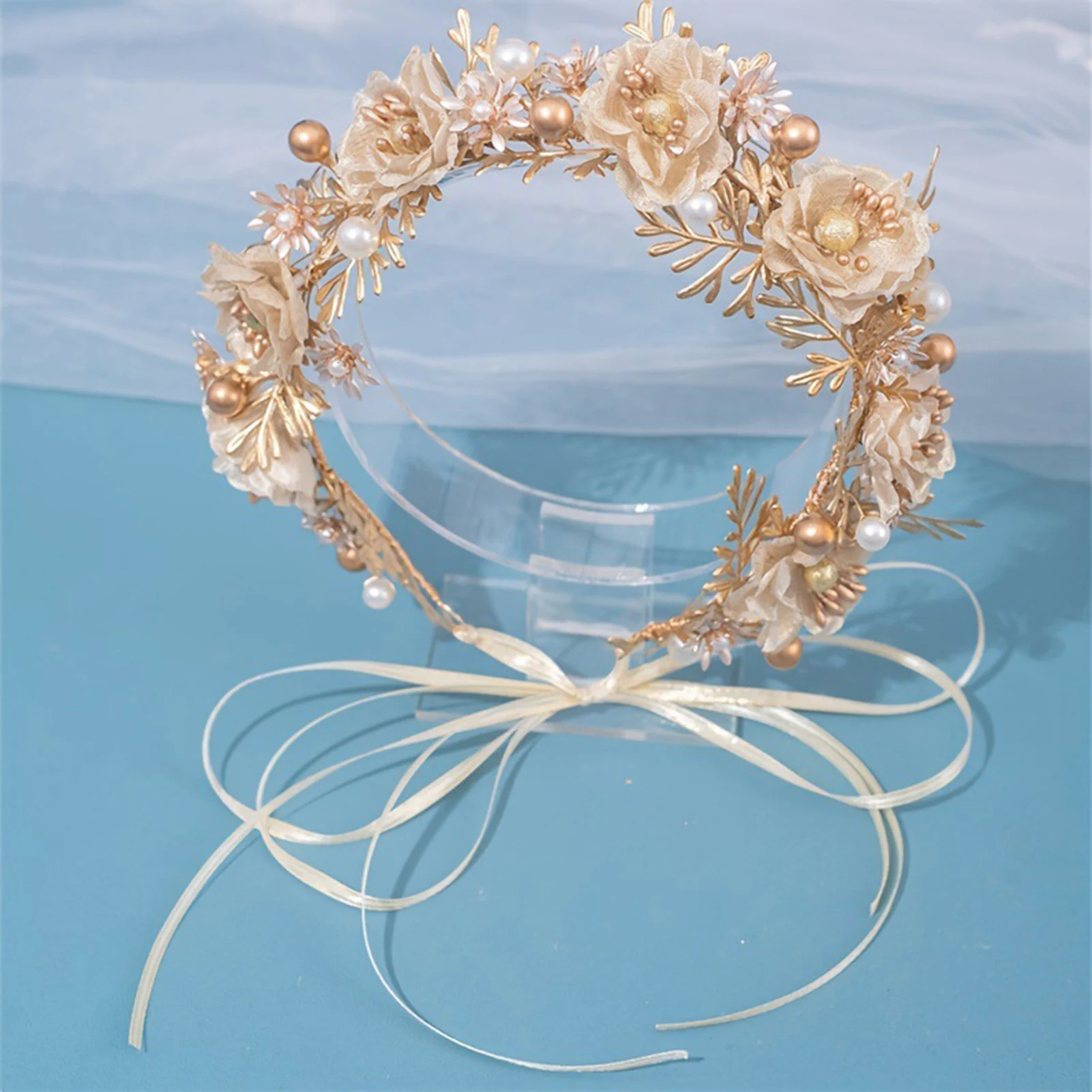

Bride Wedding Flower Crown Gold Color Leaf Headbands Pearls Floral Hairbands Ribbon Headwear Bridal Hair Jewelry Accessories