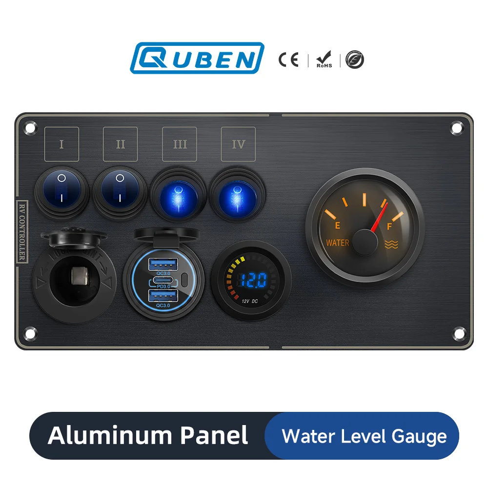 Water Level Gauge for Yacht Rocker Switch Multi-Functions Aluminum Panel LED  Switch DC 12V 24V for RV USB A QC3.0 PD UAB C