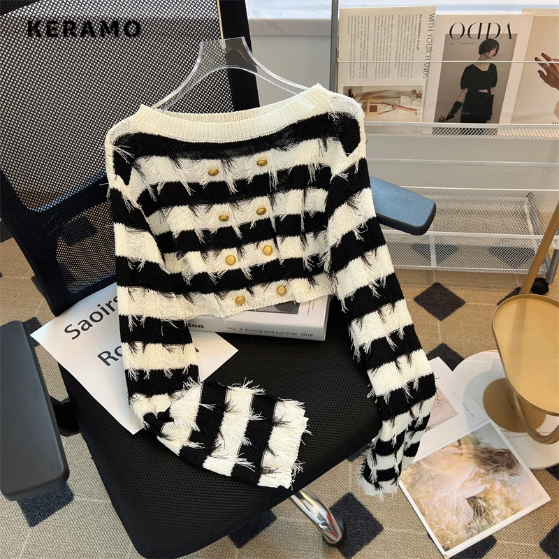 

2023 Autumn Winter Hotsweet Casual Knitting Long Sleeve Tassels Pullovers Women Vintage Slim Fit Striped Print Knitwear Sweater