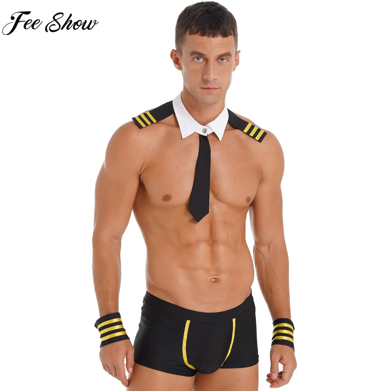 Männer Halloween Kapitän Pilot Cosplay Kostüm Low Rise Boxer Shorts mit Kragen und Manschetten Thema Party Club Zeigen Kleidung Nachtwäsche