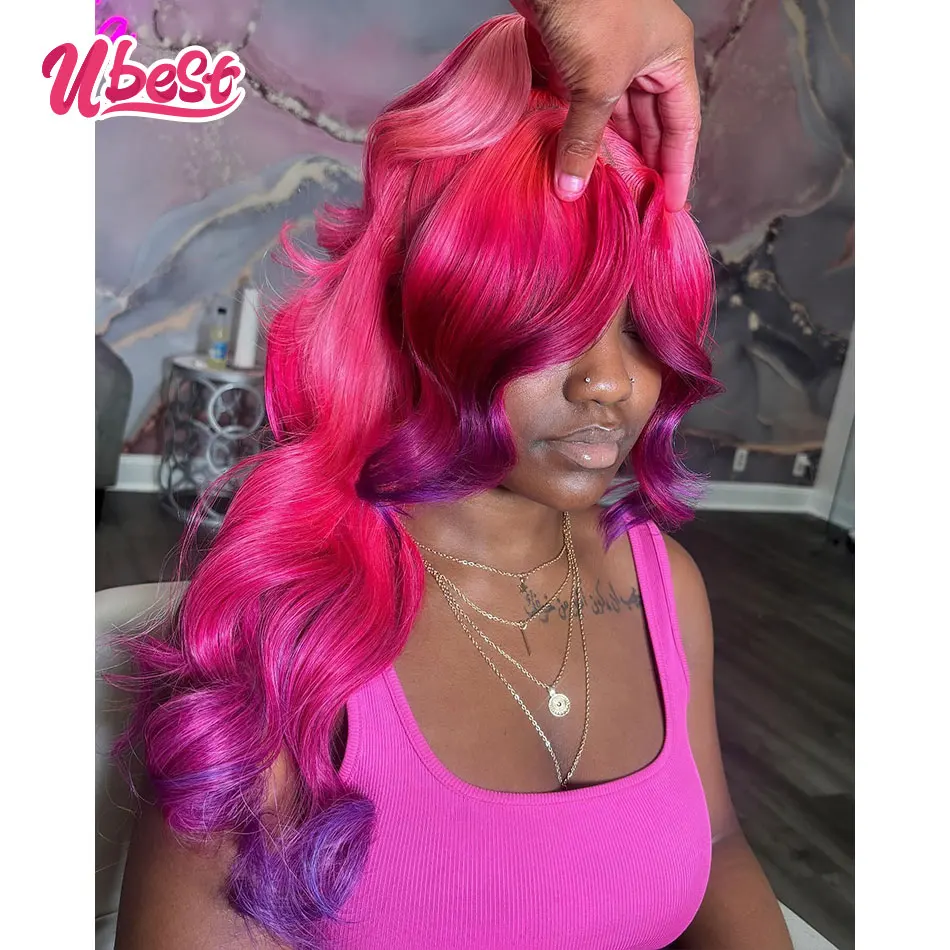 Ombre Pink Purple Colored 13X6 Body Wave Transparent Lace Front Wigs 100％ Human Hair 200％ Density Brazilian Hair Remy Hair Wigs