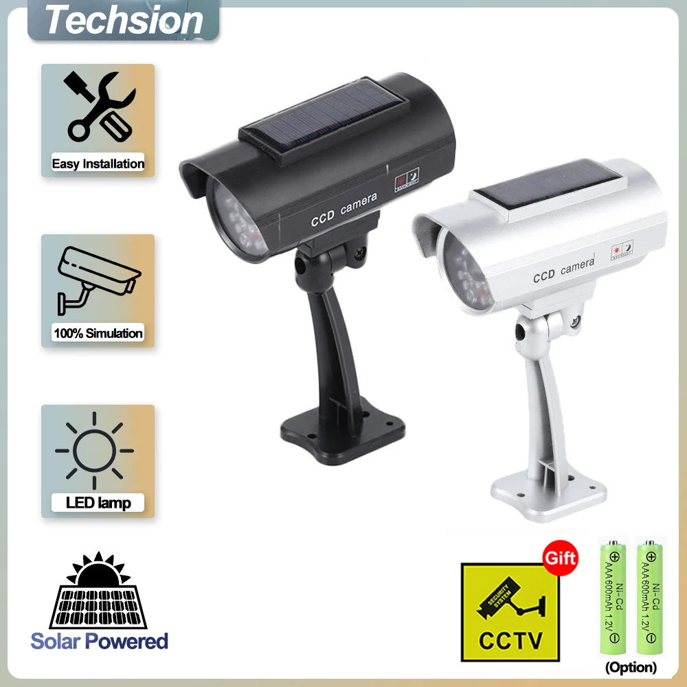 Cámara simulada falsa Solar con LED rojo intermitente en forma de bala, cámara de vigilancia CCTV de seguridad impermeable para el hogar, batería al