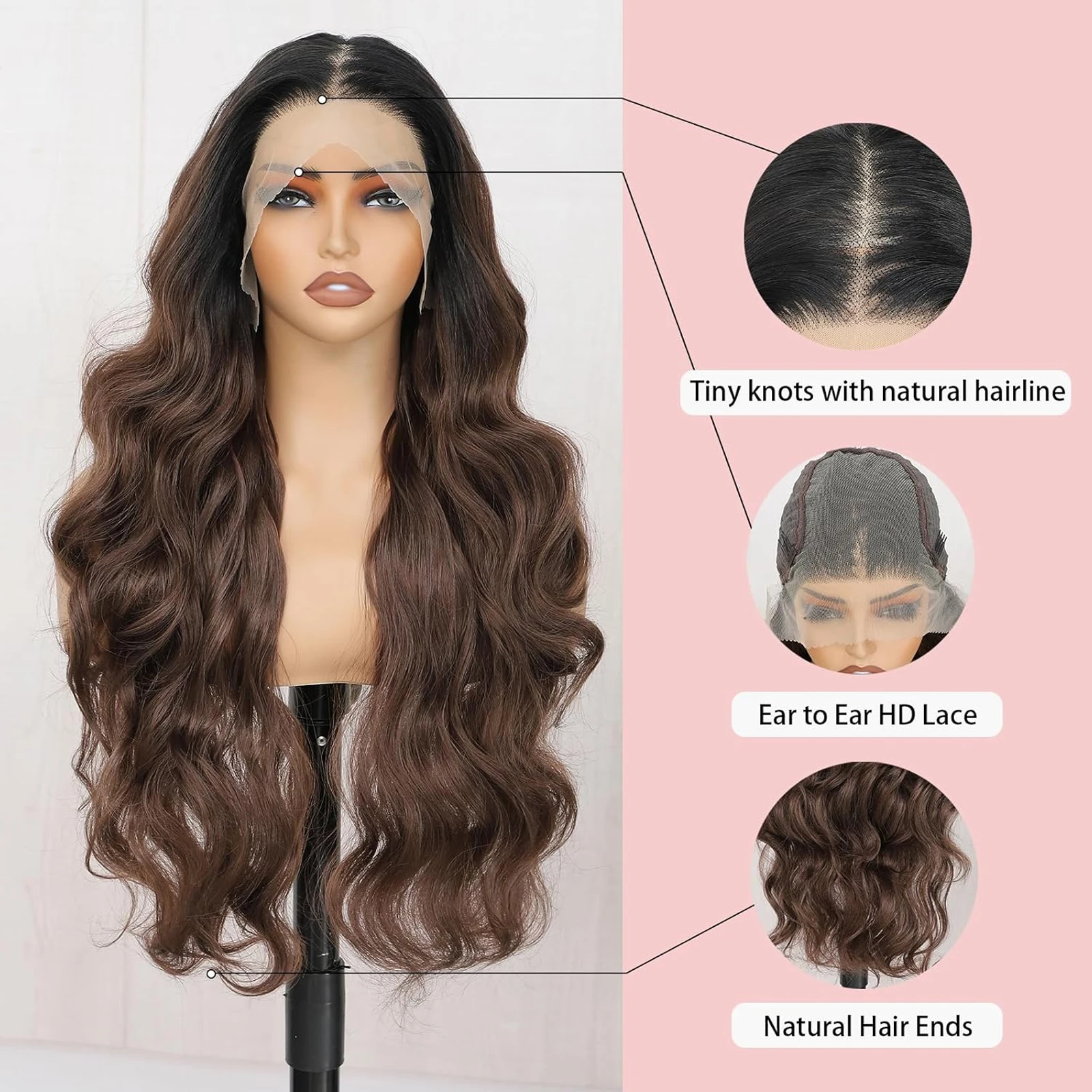 Wig rambut sintetis berenda 13x3 untuk wanita warna hitam Ombre rambut palsu sintetis gelombang tubuh akar gelap 26 inci Wig Frontal renda panjang bergelombang