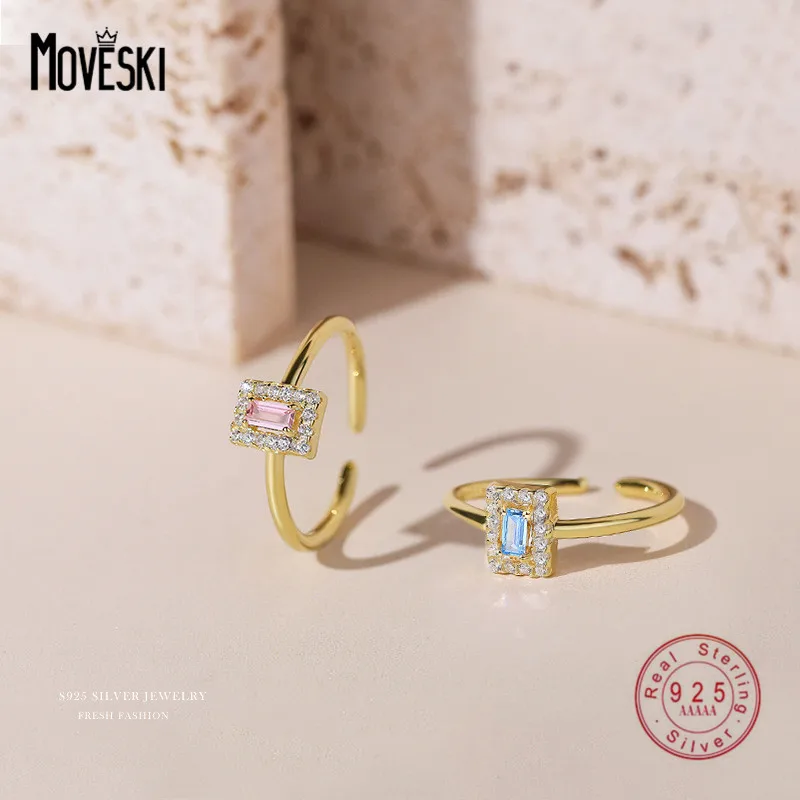 

MOVESKI 925 Sterling Silver French Fine Sparkling Sugar Cube Open Ring Women High Quality Luxury Party Jewelry