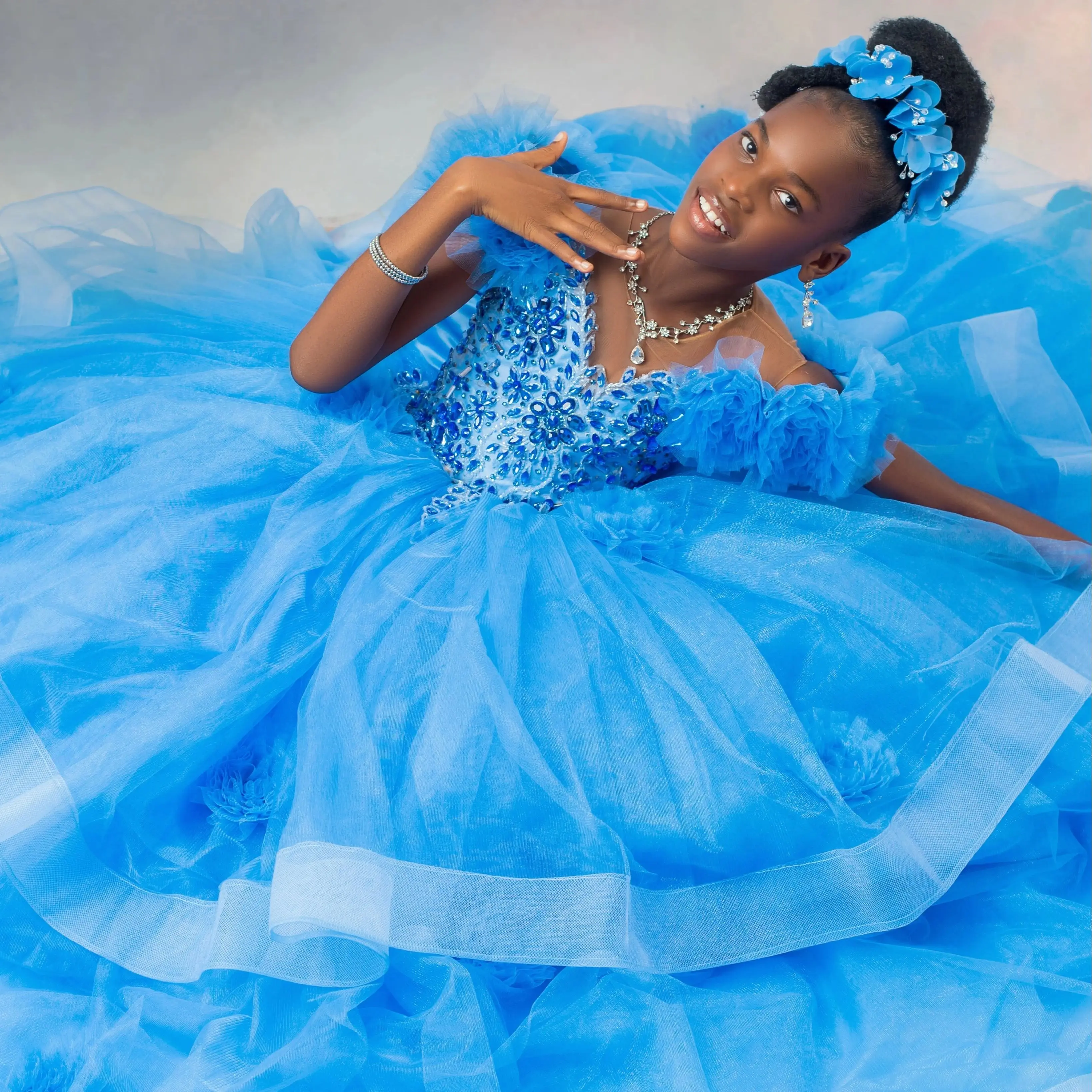 Sky Blue Princess Flower Girl Dress Ball Gown Customize Ruffles Crystal Little Girl Christmas Pageant Birthday Christening Dress