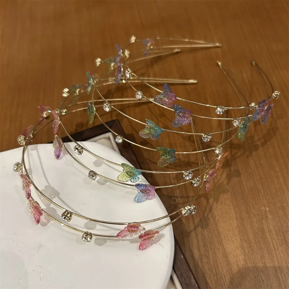 All-match Alloy Double Root Hair Bands Thin Waterproof Butterfly Head Hoop Rhinestone Metal Headdress Flower Hair Hoop Girls